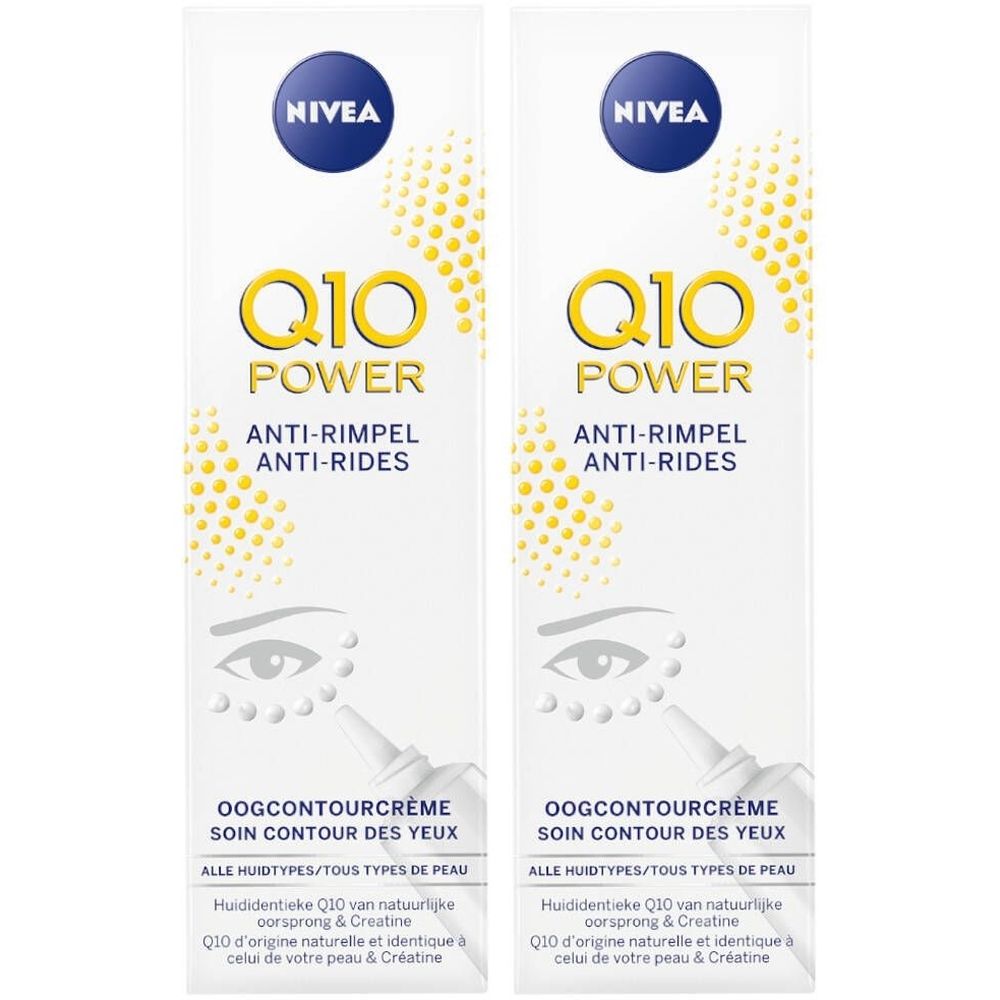 Deux tubes de crème pour les yeux NIVEA Q10 Power. Tubes blancs avec logos bleus et jaunes. Texte : Q10 Power, Anti-rides, Soin contour des yeux.
