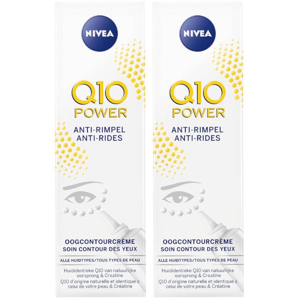 Deux tubes de crème pour les yeux NIVEA Q10 Power. Tubes blancs avec logos bleus et jaunes. Texte : Q10 Power, Anti-rides, Soin contour des yeux.