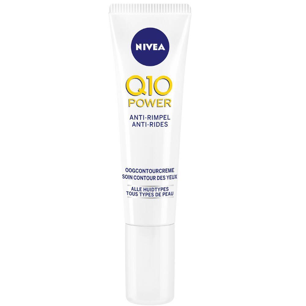 Un tube de crème pour les yeux NIVEA Q10 Power. Tube blanc avec logo bleu et jaune. Texte : Q10 Power, Anti-rides, Soin contour des yeux.