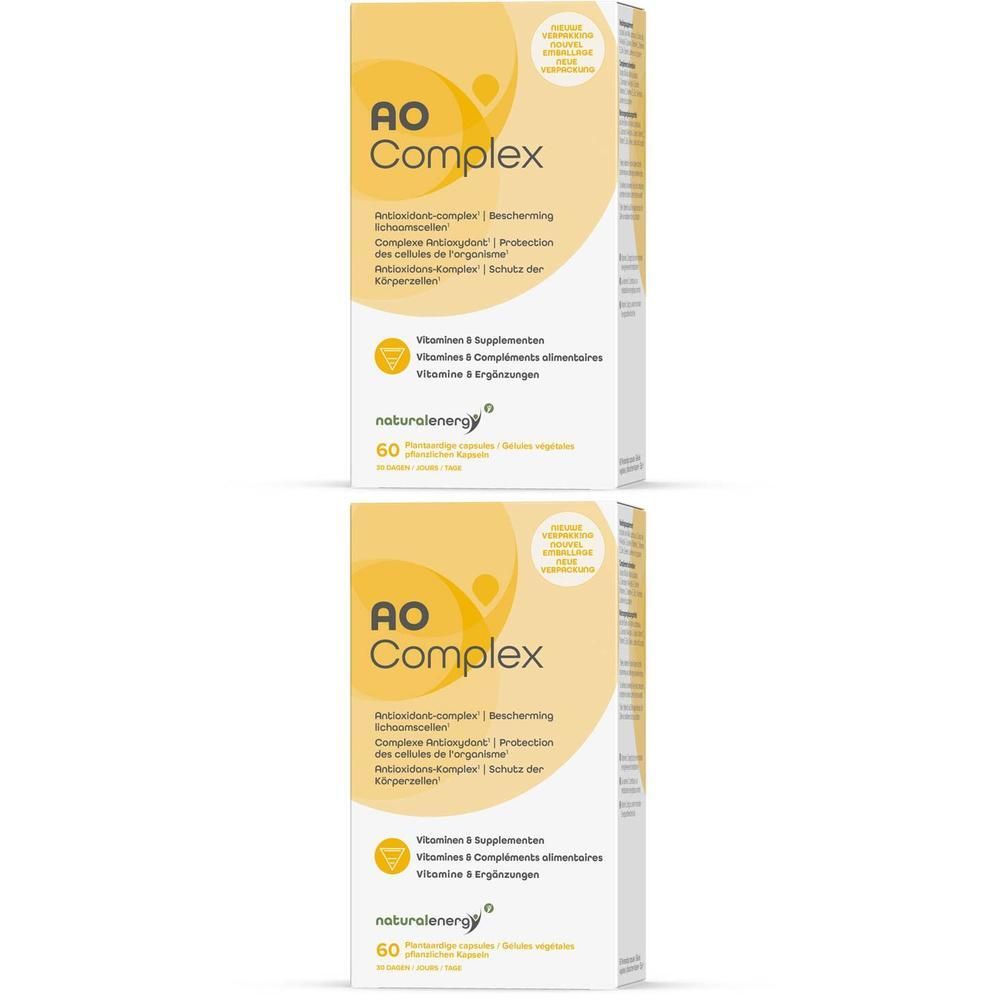 Deux boîtes AO Complex. Emballage blanc avec accent jaune. Texte: AO Complex, compléments alimentaires, 60 gélules.