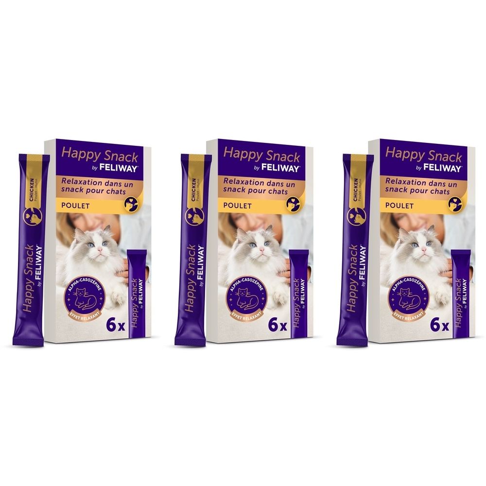 Trois boîtes de Feliway Happy Snack Poulet, 6 snacks chacune. Emballage violet avec chat et nom du produit.