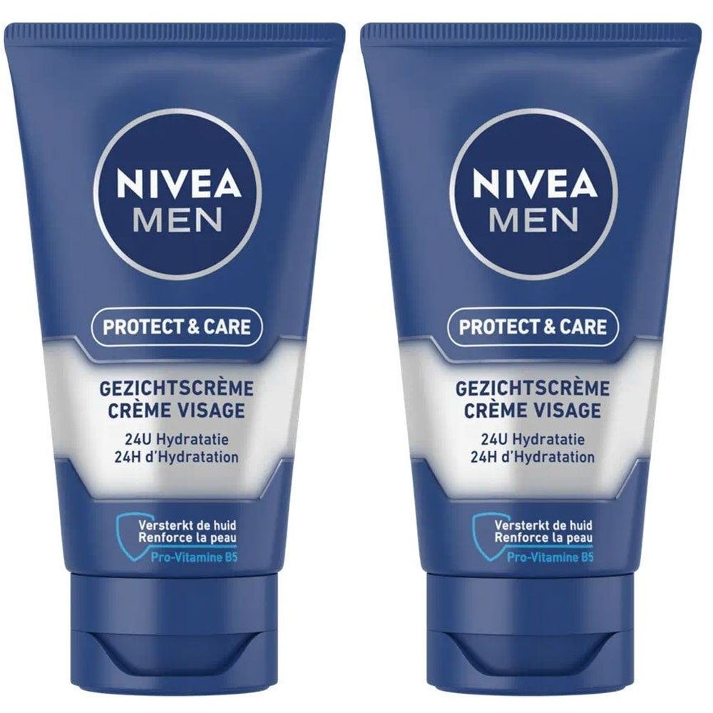 Deux tubes bleus de crème visage NIVEA MEN Protect & Care. Inscription : 24H Hydratation, Pro-Vitamine B5.