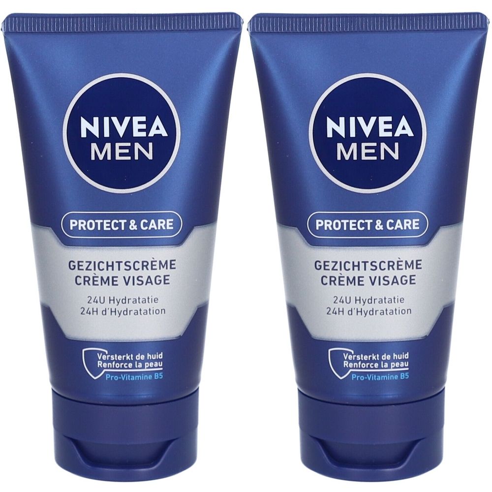 Deux tubes bleus de crème visage NIVEA MEN Protect & Care. Inscription : 24H Hydratation, Pro-Vitamine B5.