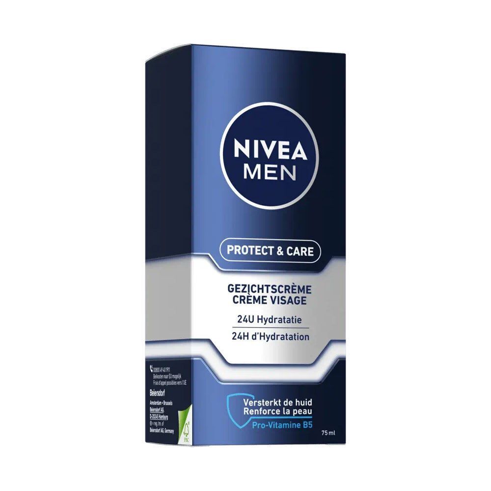 Boîte bleue de soin visage NIVEA MEN. Inscription: PROTECT & CARE, 24H d'hydratation. Pro-Vitamine B5.