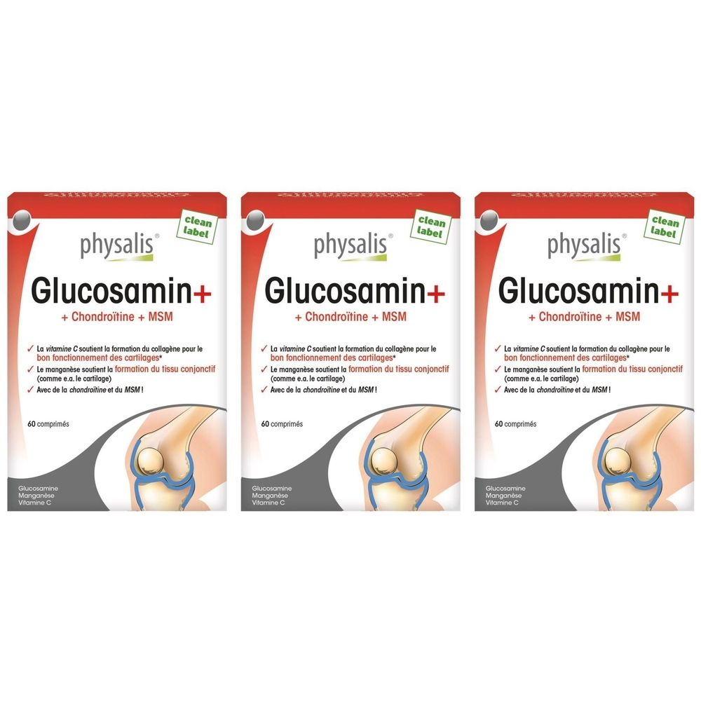 Trois boîtes de Physalis Glucosamine+ avec design rouge et blanc. Inscription : Glucosamine+, Chondroïtine+ MSM, 60 comprimés.
