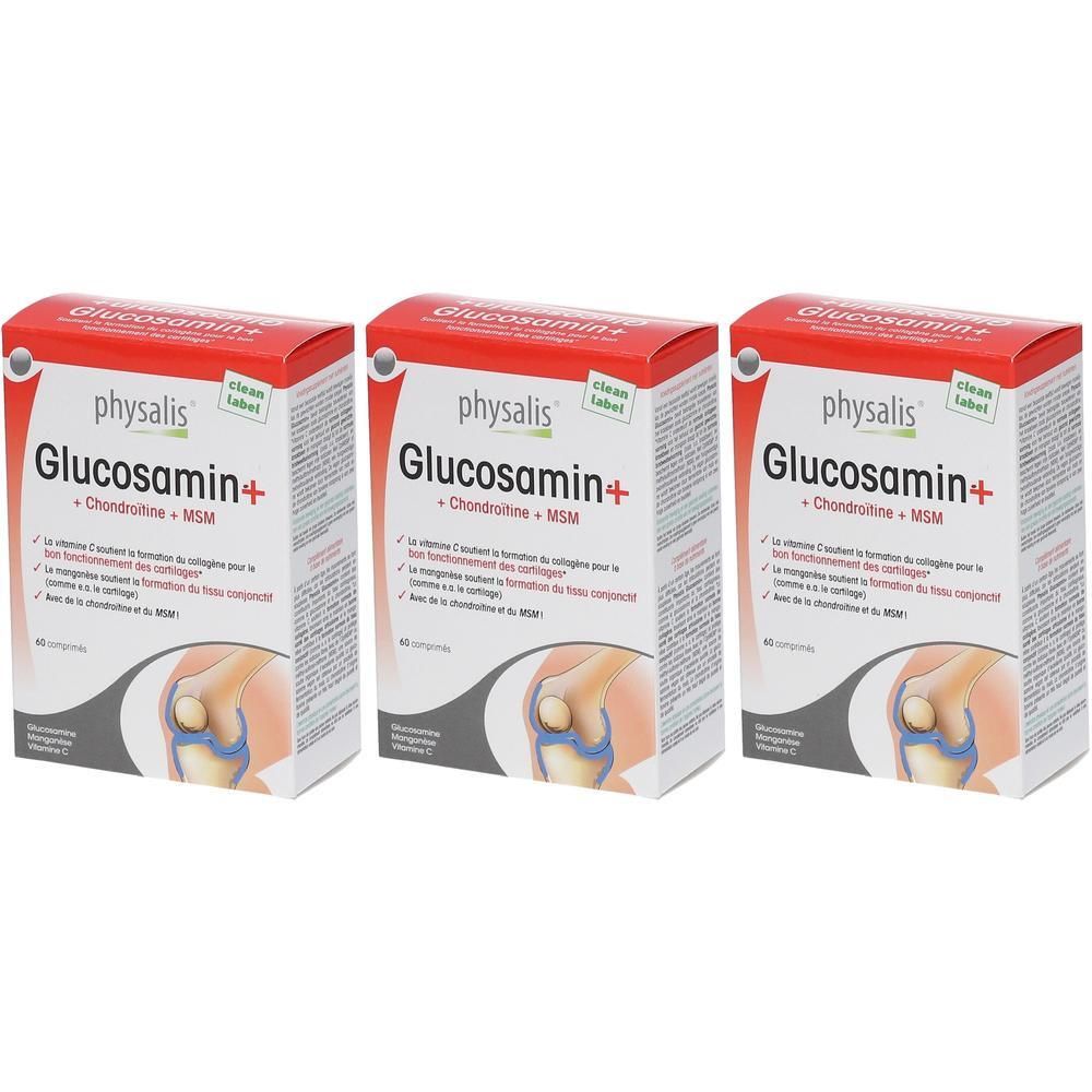 Trois boîtes avec texte rouge et blanc. Inscription: physalis Glucosamin+, Chondroïtine + MSM. Illustration d'une articulation du genou.