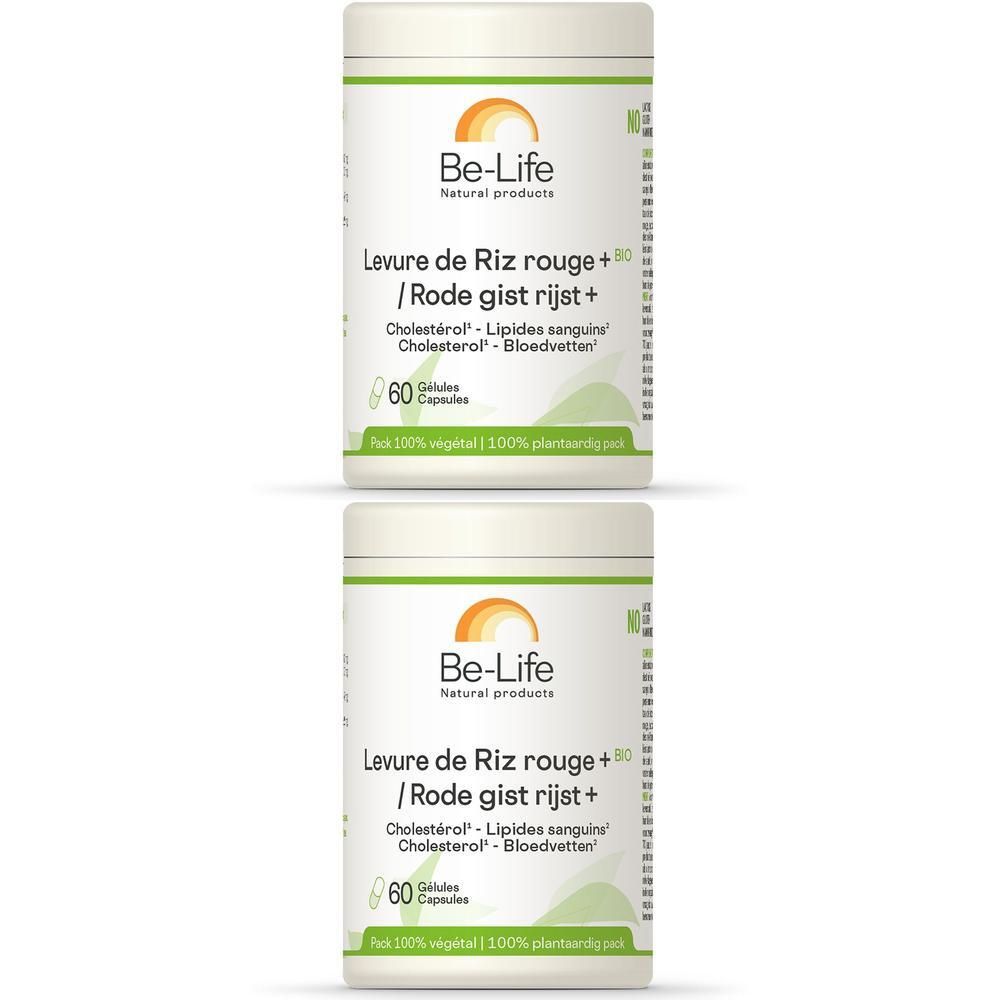 Deux boîtes blanches avec étiquettes. Inscription : Be-Life, Levure de Riz rouge Bio, 60 gélules.