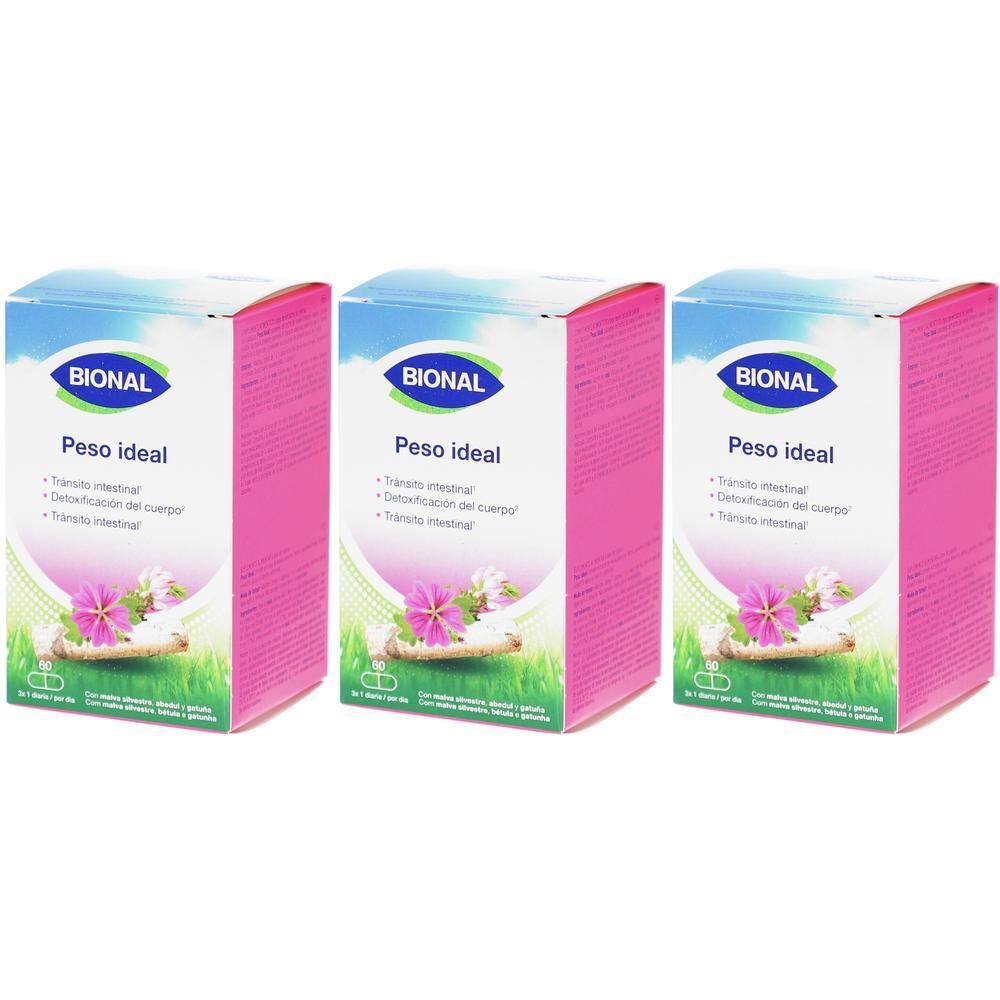Trois boîtes roses avec logo BIONAL et nom du produit. Inscription : Peso ideal, transit intestinal, détoxification.