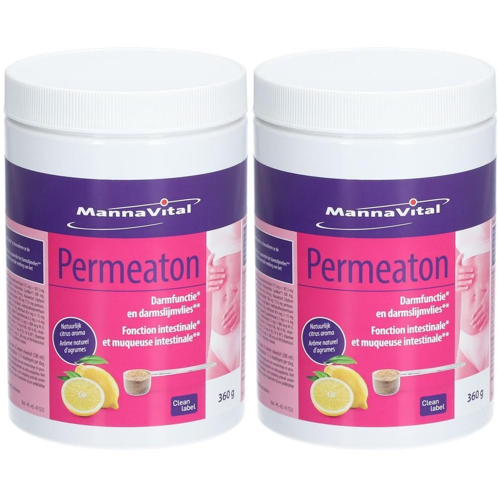 Deux pots blancs avec étiquettes violettes. Inscription: Mannavital Permeaton. Avec illustration de citron et herbes. 360g.