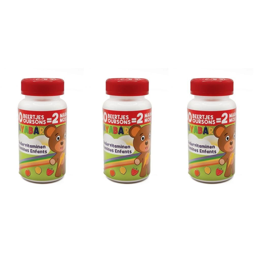 Trois flacons de YaYaBären® Kindervitamine. Flacons blancs avec couvercles rouges. Impression d'ours et texte.