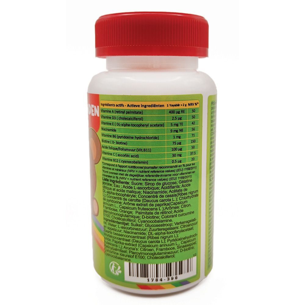 Dos d'un flacon de YaYaBären® Kindervitamine. Flacon blanc avec couvercle rouge. Texte avec ingrédients.