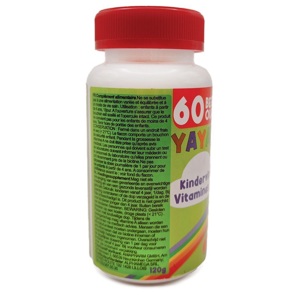 Flacon de YaYaBären® Kindervitamine. Flacon blanc avec couvercle rouge. Texte avec informations sur le produit.