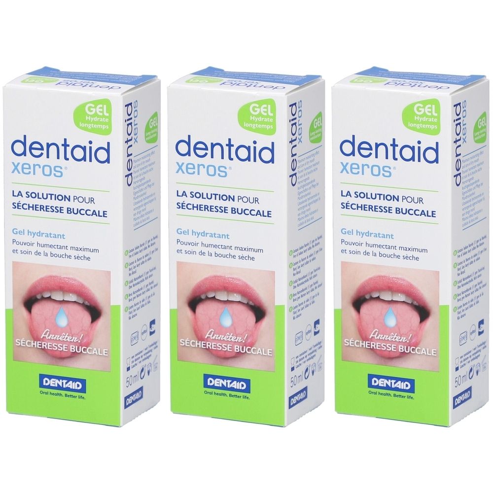 Trois boîtes de dentaid xeros Gel. Boîtes blanches avec couvercle bleu et accents verts. Impression : nom du produit, image d'une langue avec une goutte.