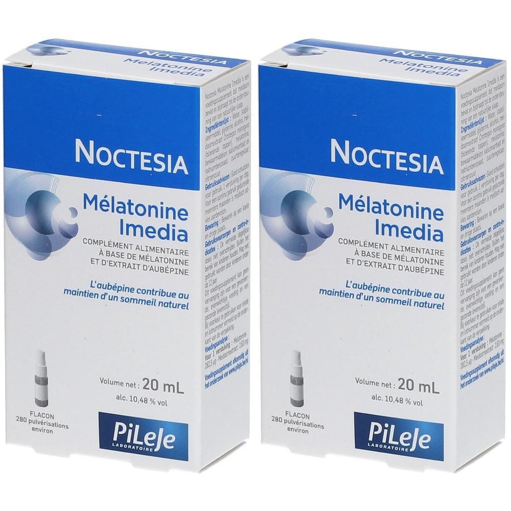 Deux boîtes avec texte bleu et blanc. Inscription: Noctesia Mélatonine Imedia. Volume: 20 ml.