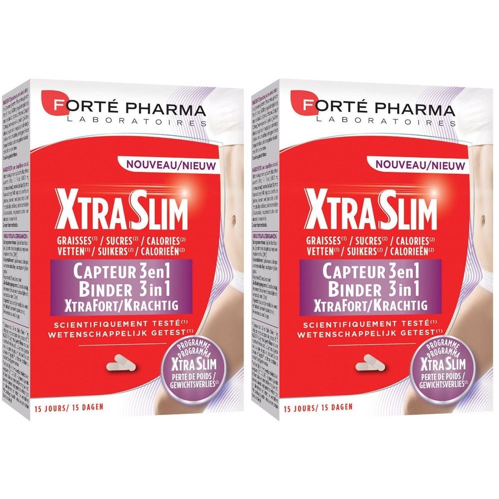 Deux boîtes de XtraSlim Binder 3 en 1. Emballage rouge avec texte blanc. Contient des informations sur les graisses, sucres et calories.