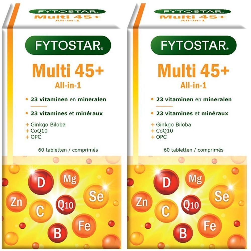 Deux boîtes de Fytostar Multi 45+. Boîtes blanches avec texte vert et jaune. Contient 60 comprimés. Avec vitamines et minéraux.