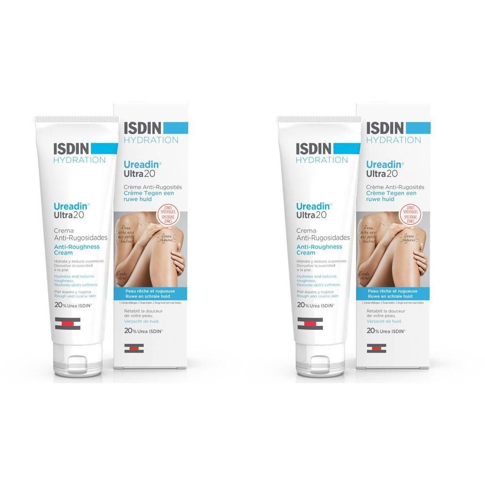 Tube et boîte de crème. ISDIN Ureadin Ultra20 Crème. Crème anti-rugosités. Inscriptions: ISDIN, Ureadin Ultra20, 20%.