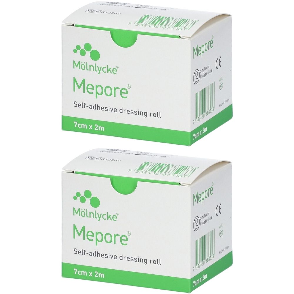 Deux boîtes blanches avec texte vert. Inscription : Mepore, rouleau de pansement auto-adhésif, 7 cm x 2 m. Marque CE.