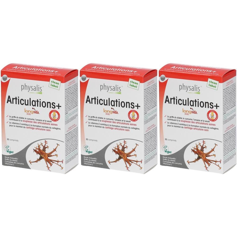 Trois boîtes Physalis Articulations+ avec texte rouge et blanc. Logo vegan. 60 comprimés.