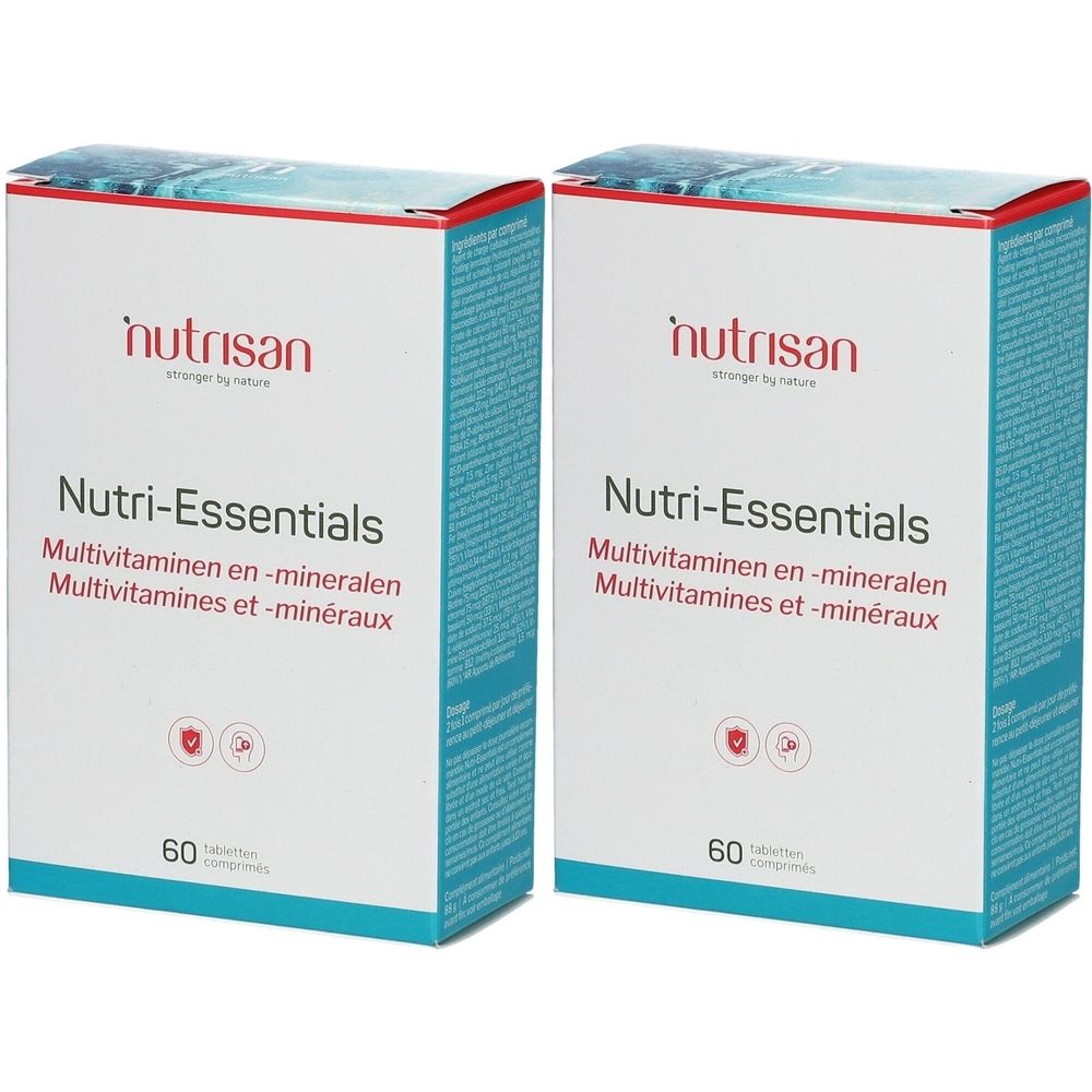 Deux boîtes de Nutrisan Nutri-Essentials. Inscription : Multivitamines et minéraux. 60 comprimés. Couleurs rouge et bleu.