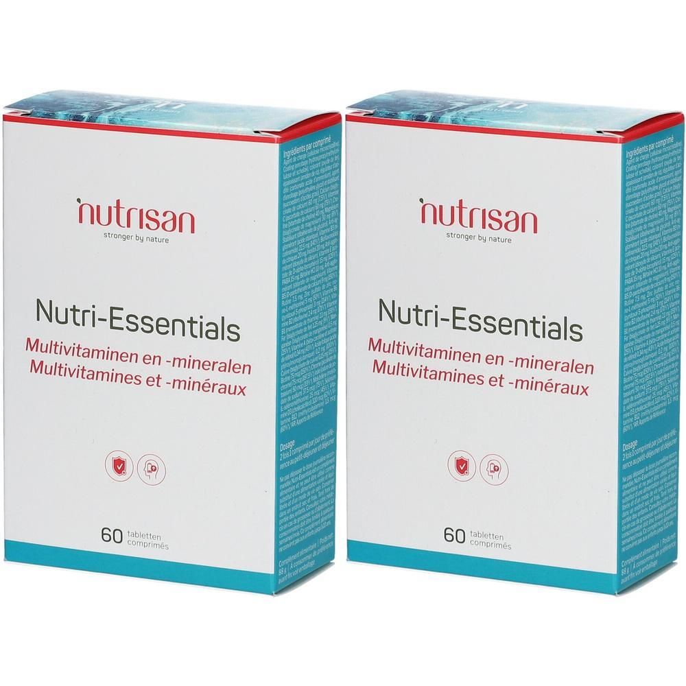 Deux boîtes de Nutrisan Nutri-Essentials. Inscription : Multivitamines et minéraux. 60 comprimés. Couleurs rouge et bleu.