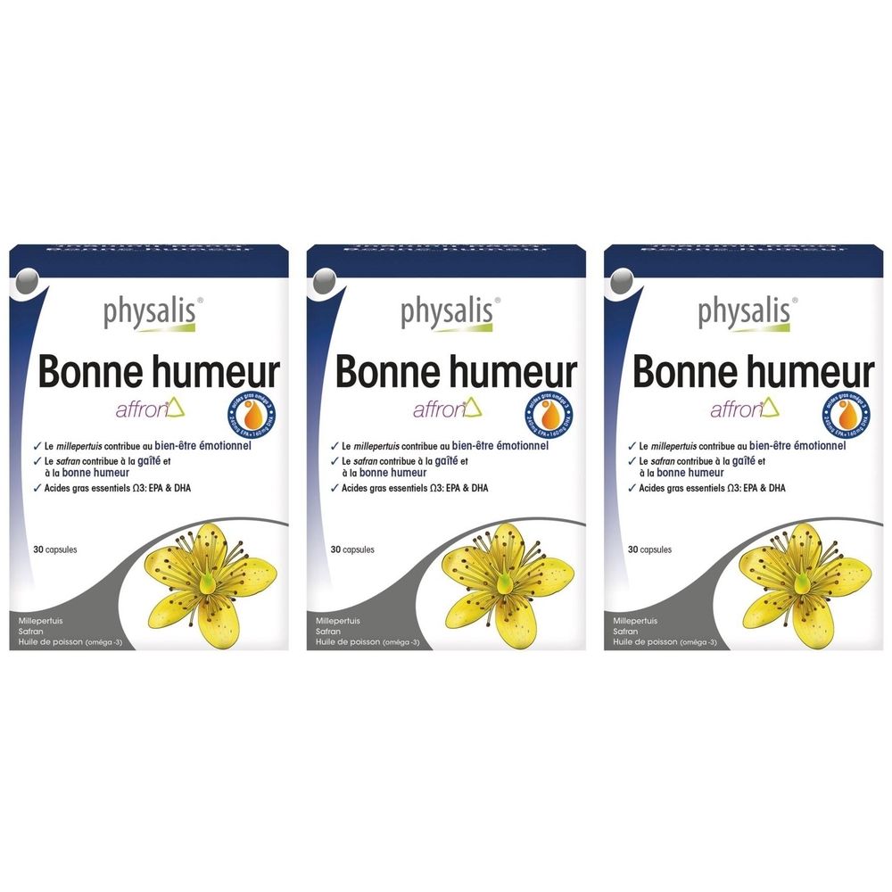 Trois boîtes Physalis® Bonne Humeur. Boîtes blanches, couvercle bleu, fleur jaune et texte. 30 capsules.