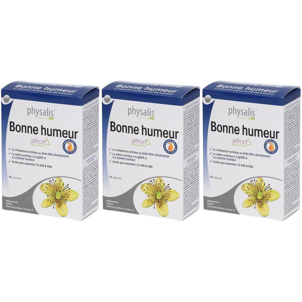Trois boîtes de physalis® Bonne Humeur, 30 gélules chacune, avec image d'une fleur jaune.