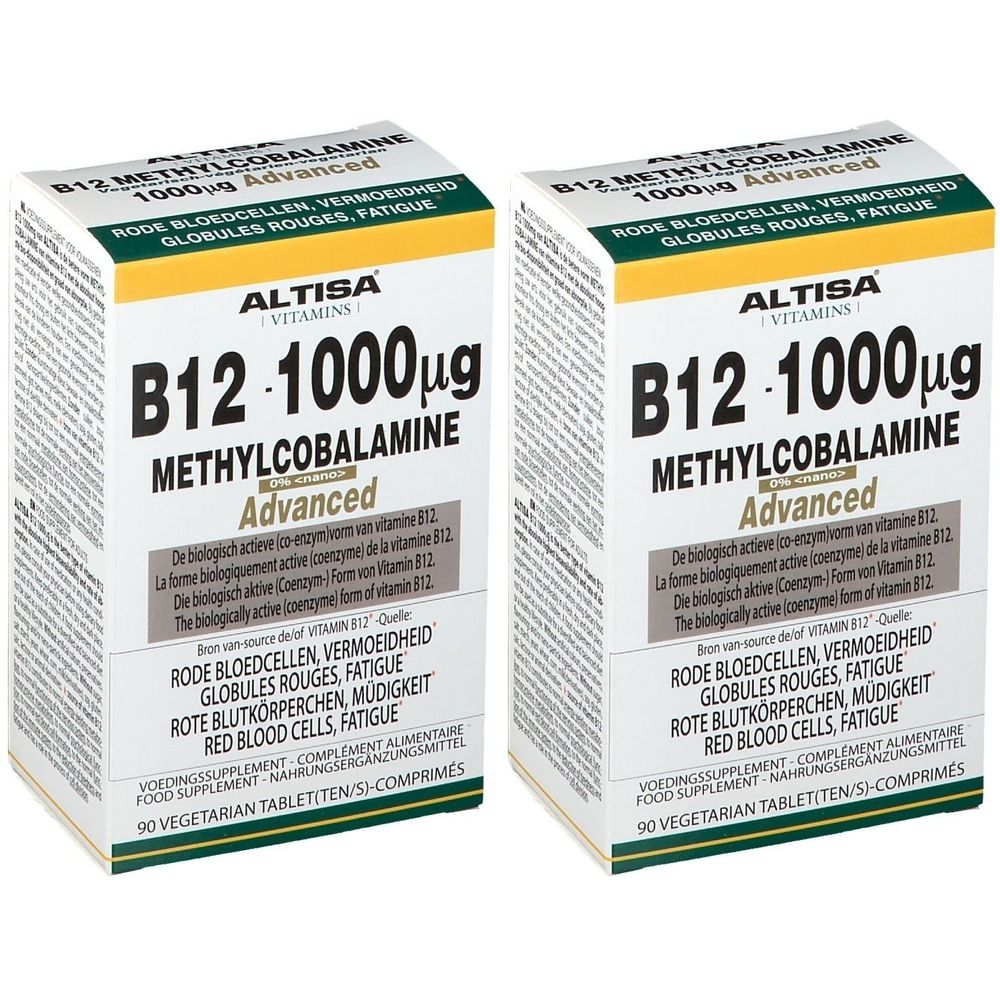 Deux boîtes de vitamine B12 ALTISA. Inscription : B12 1000µg Methylcobalamine, Advanced. 90 comprimés.