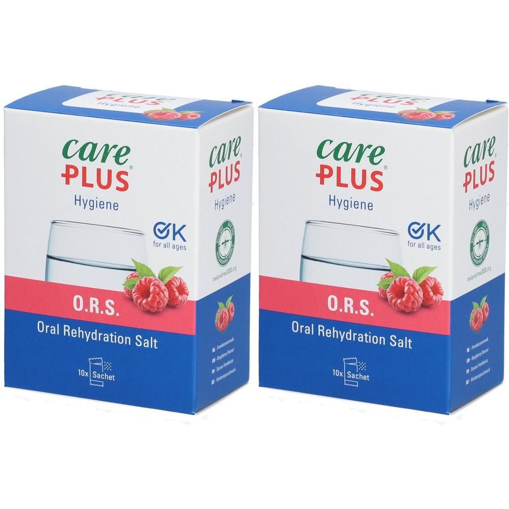 Deux boîtes de Care Plus O.R.S. Kids. Emballage blanc et bleu avec framboises et verre d'eau. Texte: O.R.S. Oral Rehydration Salt.