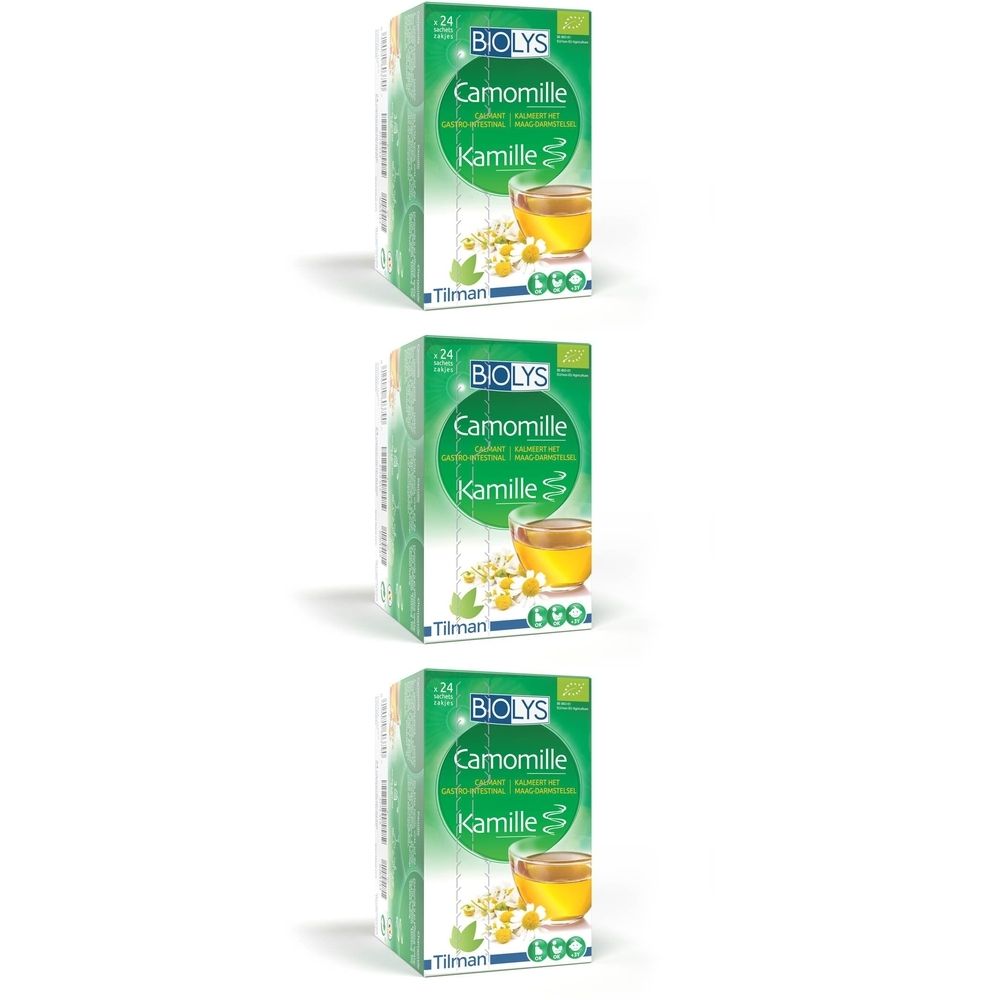 Trois boîtes de thé BIOLYS Camomille. Emballage vert avec nom du produit et illustration de fleurs de camomille. 24 sachets.