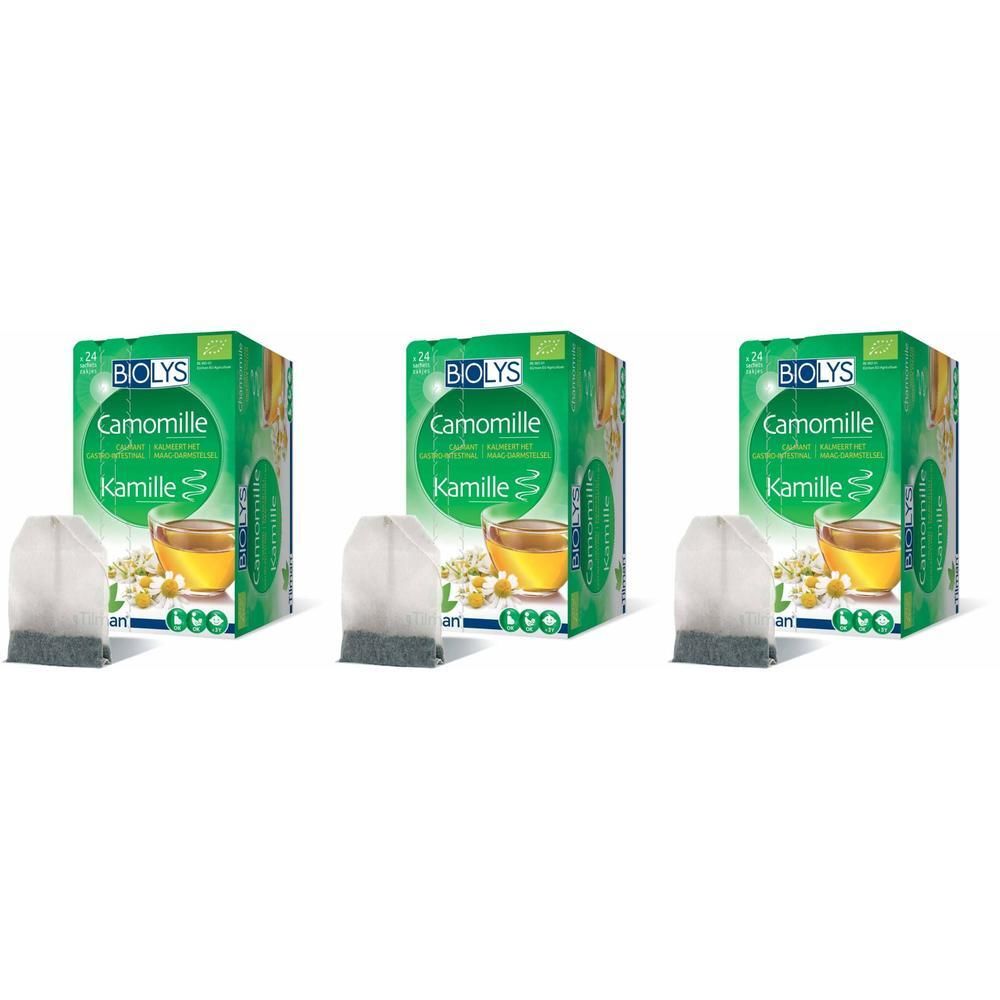 Trois boîtes de thé BIOLYS Camomille. Emballage vert avec logo et nom du produit. Sachet de thé à côté.
