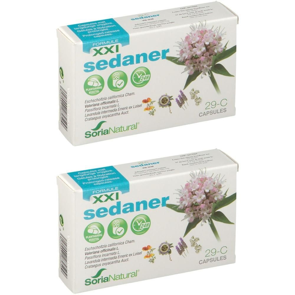 Deux boîtes blanches avec texte bleu 'XXI sedaner' et motifs floraux. Logo 'Soria Natural'.