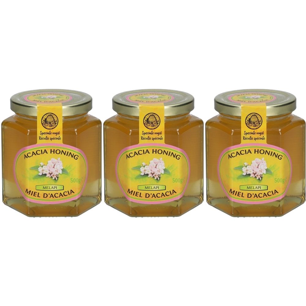 Trois pots de miel avec des couvercles dorés. Étiquettes avec texte: Acacia Honing, Miel d'Acacia, et MELAPI.