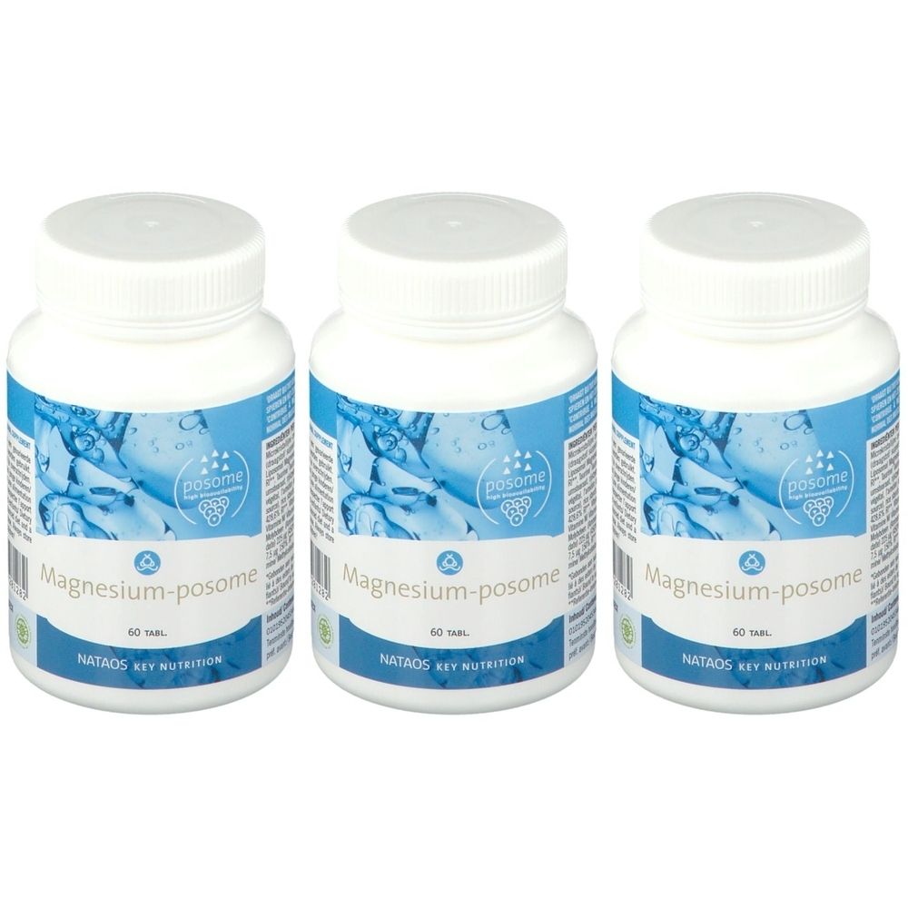 Trois flacons blancs avec étiquettes. Inscription: Magnesium-posome, 60 comprimés. Marque: NATAOS KEY NUTRITION.