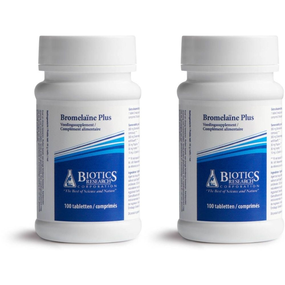Deux flacons blancs avec étiquettes. Inscription: Bromelaïne Plus, Biotics Research Corporation. 100 comprimés.