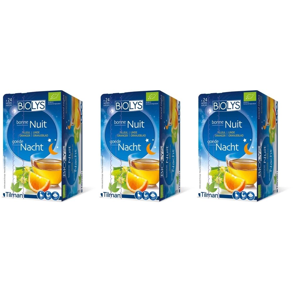Trois boîtes de thé BIOLYS Tilleul-Orange. Emballage bleu avec nom du produit, image de thé et orange, et logo.