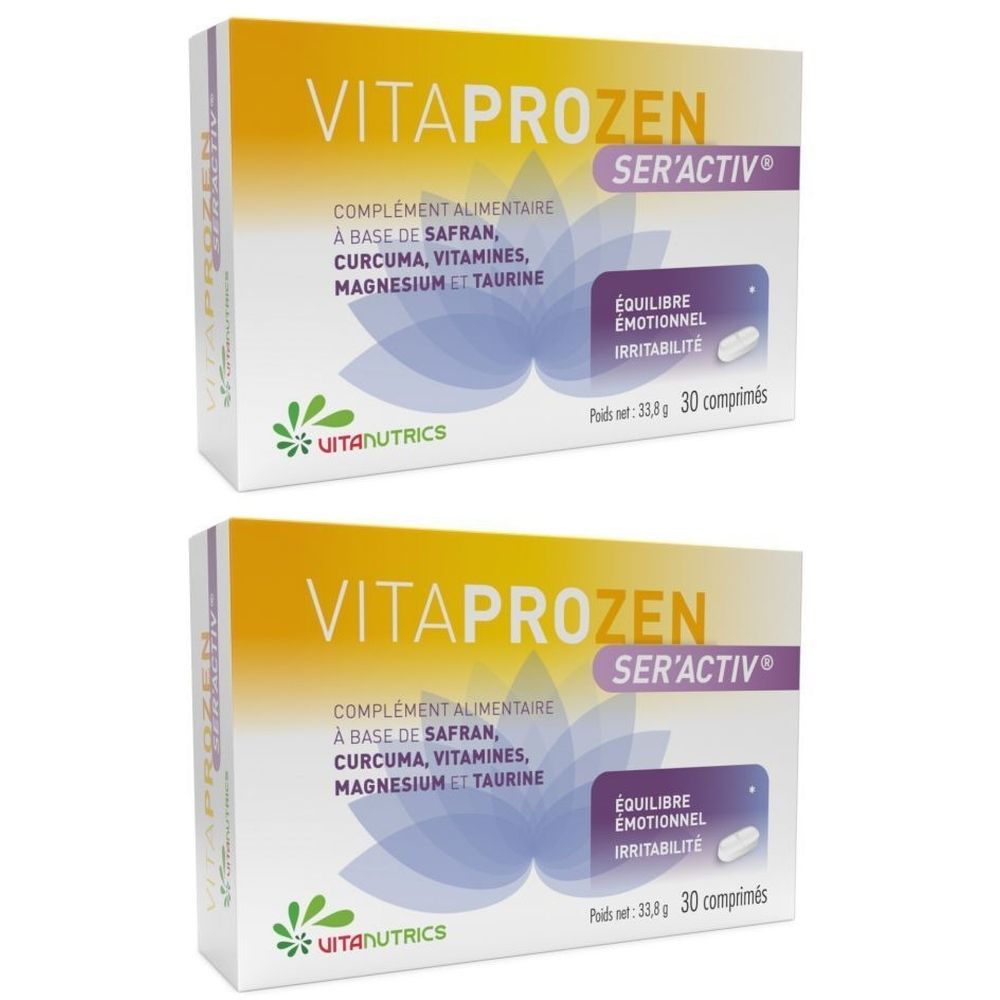 Deux boîtes de VITAPROZEN Ser'activ®. Boîtes blanches avec nom du produit et informations. Inscription: ÉQUILIBRE ÉMOTIONNEL IRRITABILITÉ.