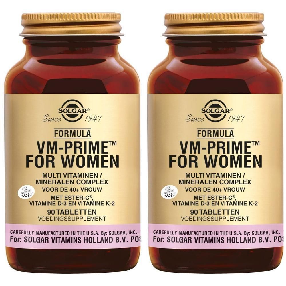 Deux flacons de Solgar VM-Prime pour femmes. Flacons en verre brun avec couvercles dorés et étiquettes. 90 comprimés.