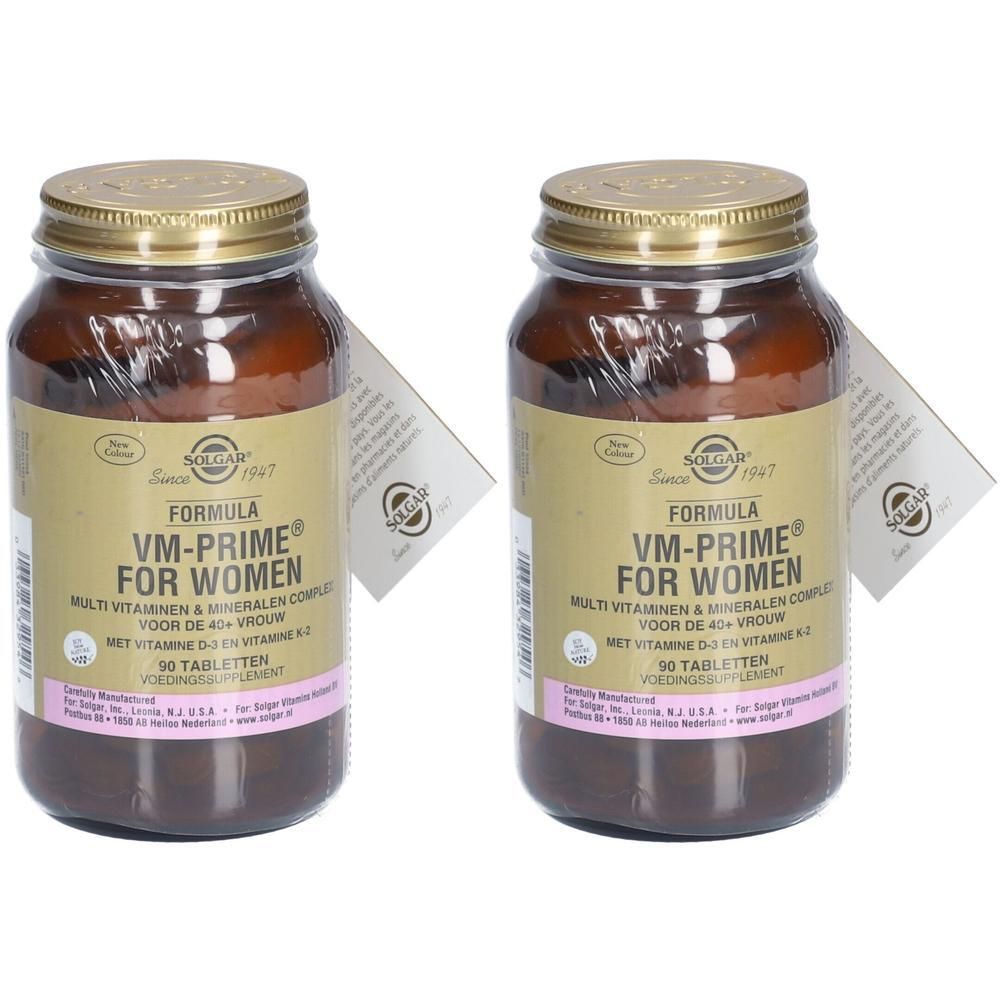 Deux flacons de Solgar VM-Prime pour femmes. Flacons en verre brun avec couvercles dorés et étiquettes. 90 comprimés.
