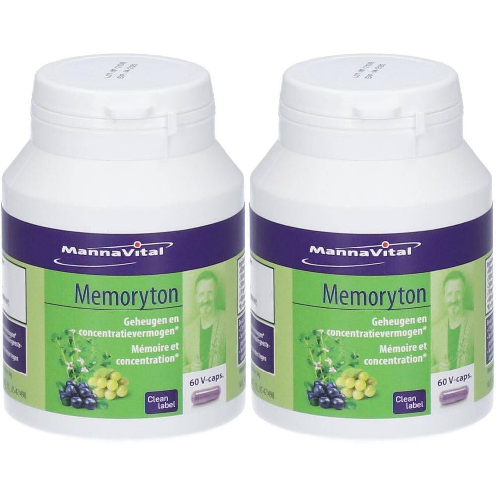 Deux flacons blancs avec étiquettes violettes et vertes. Inscription: MannaVital Memortyon. 60 V-caps. Illustration de raisins.