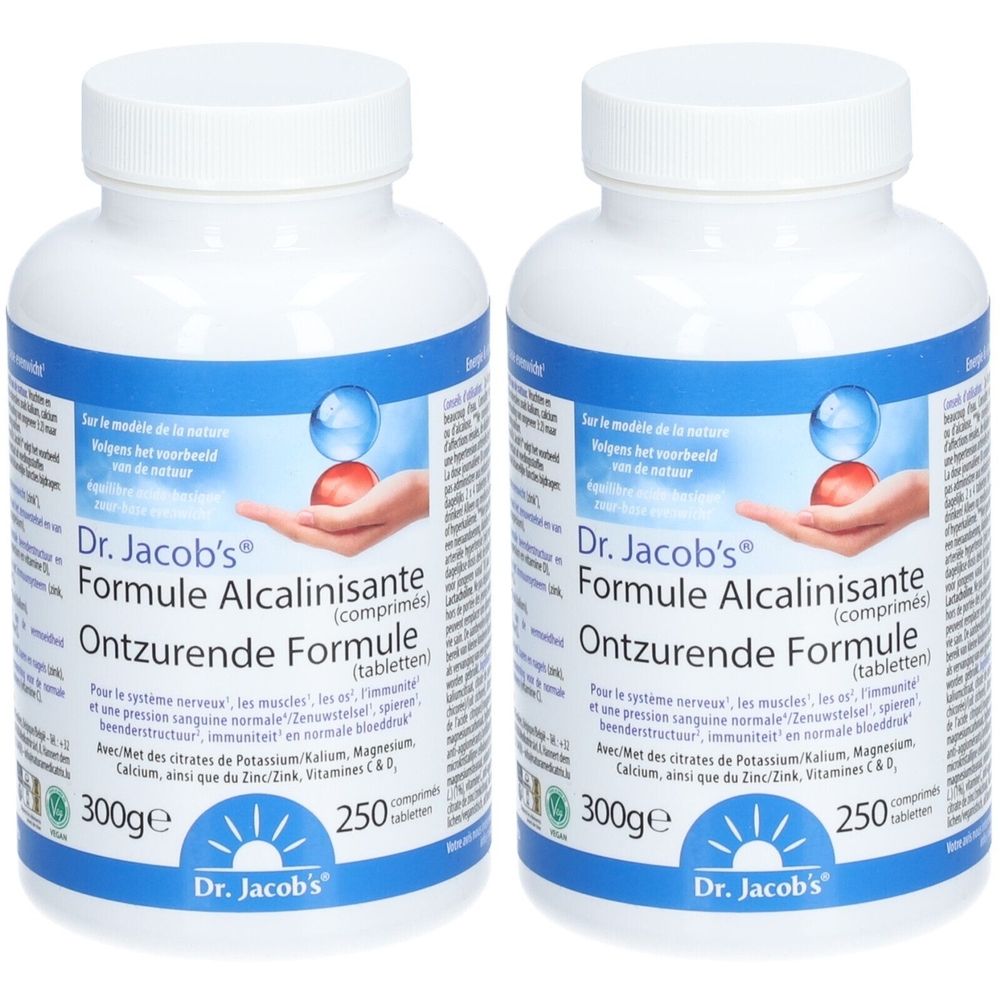 Deux flacons de Dr. Jacob's Formule Alcalinisante. Flacons blancs avec étiquettes bleues et rouges. Texte: 250 comprimés, 300g.