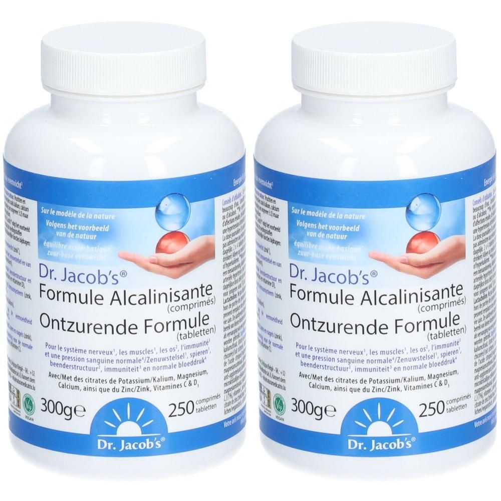 Deux flacons de Dr. Jacob's Formule Alcalinisante. Flacons blancs avec étiquettes bleues et rouges. Texte: 250 comprimés, 300g.