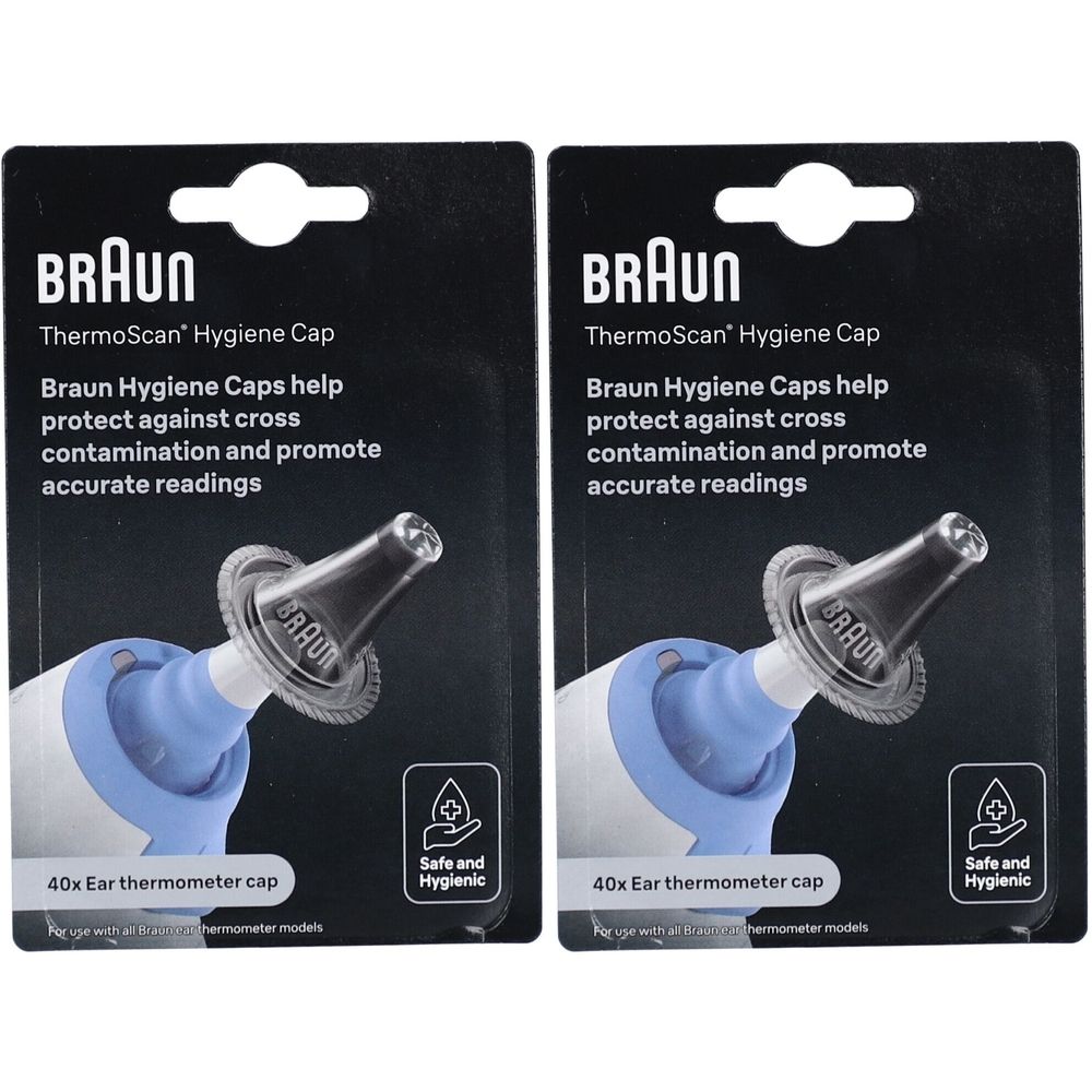 Deux paquets de Braun ThermoScan Hygiene Cap. Emballage noir avec nom et logo du produit. 40 embouts pour thermomètre auriculaire.