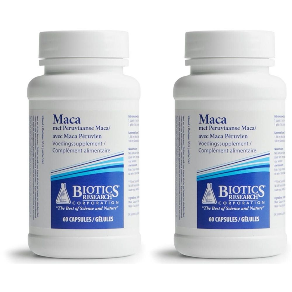 Deux flacons blancs avec bouchon à vis. Inscription: Maca, avec Maca Péruvien, Complément alimentaire, BIOTICS RESEARCH CORPORATION.