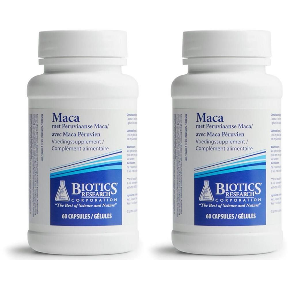 Deux flacons blancs avec bouchon à vis. Inscription: Maca, avec Maca Péruvien, Complément alimentaire, BIOTICS RESEARCH CORPORATION.