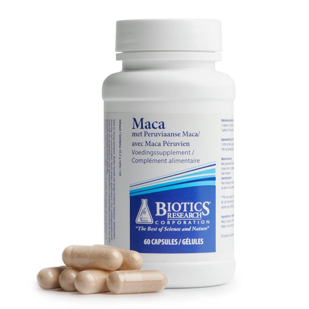 Flacon blanc avec bouchon à vis et gélules. Inscription: Maca, avec Maca Péruvien, Complément alimentaire, BIOTICS RESEARCH CORPORATION. 60 gélules.