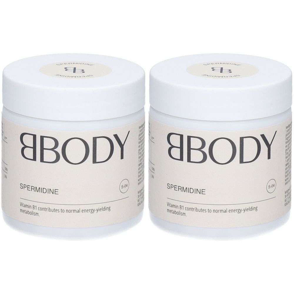 Deux pots blancs avec couvercles. Inscription BBODY et SPERMIDINE. Étiquette avec texte sur la vitamine B1.