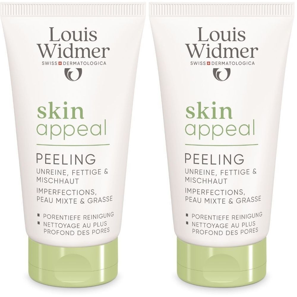 Deux tubes de peeling Louis Widmer Skin Appeal. Tubes blancs avec bouchons verts. Inscription : Skin Appeal, Peeling, pour peaux impures.