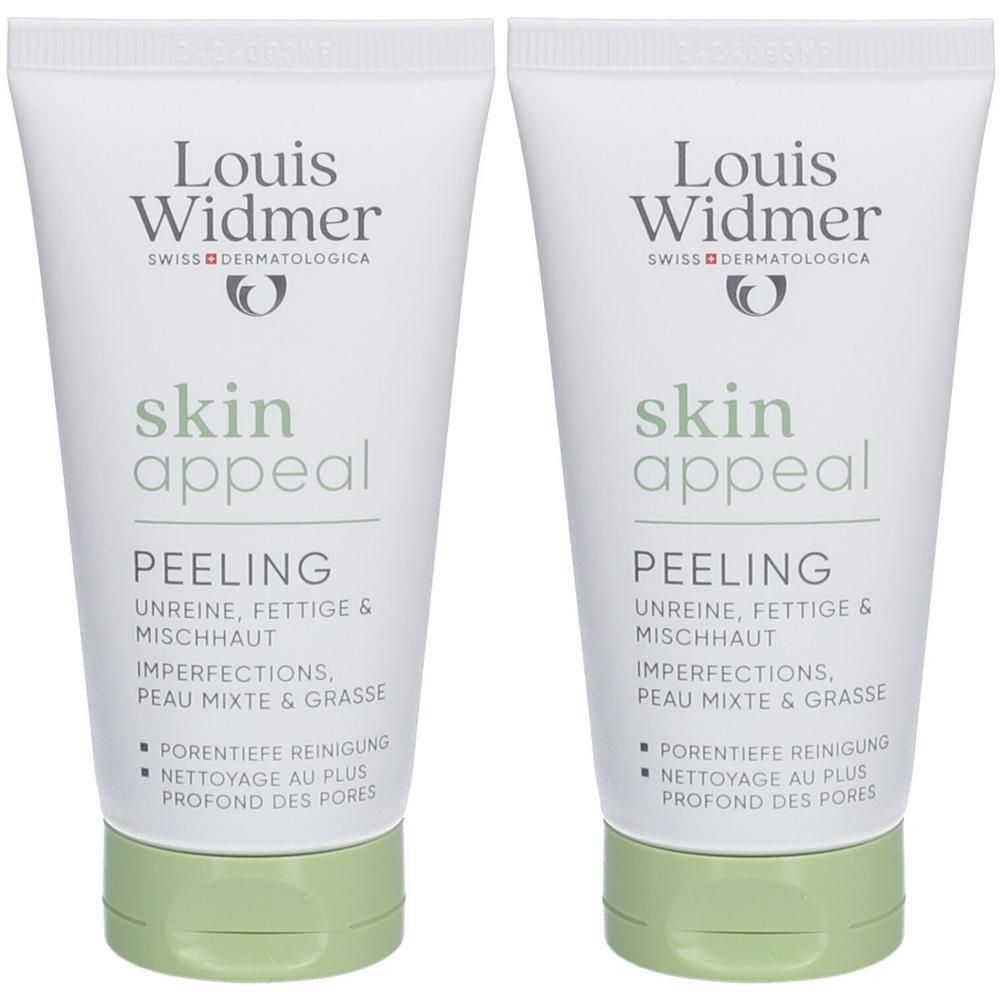 Deux tubes de peeling Louis Widmer Skin Appeal. Tubes blancs avec bouchons verts. Inscription : Skin Appeal, Peeling, pour peaux impures.