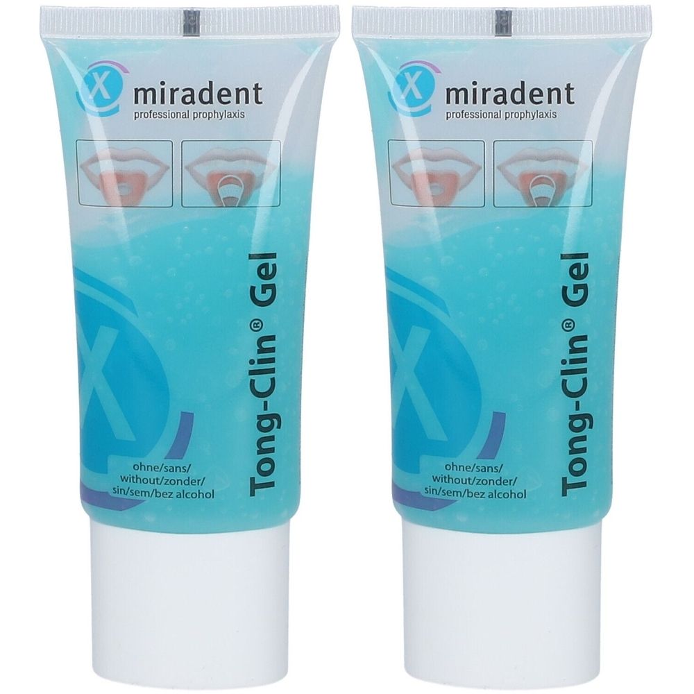 Deux tubes de gel Tong-Clin. Gel bleu dans des tubes blancs avec texte bleu. Marque miradent.